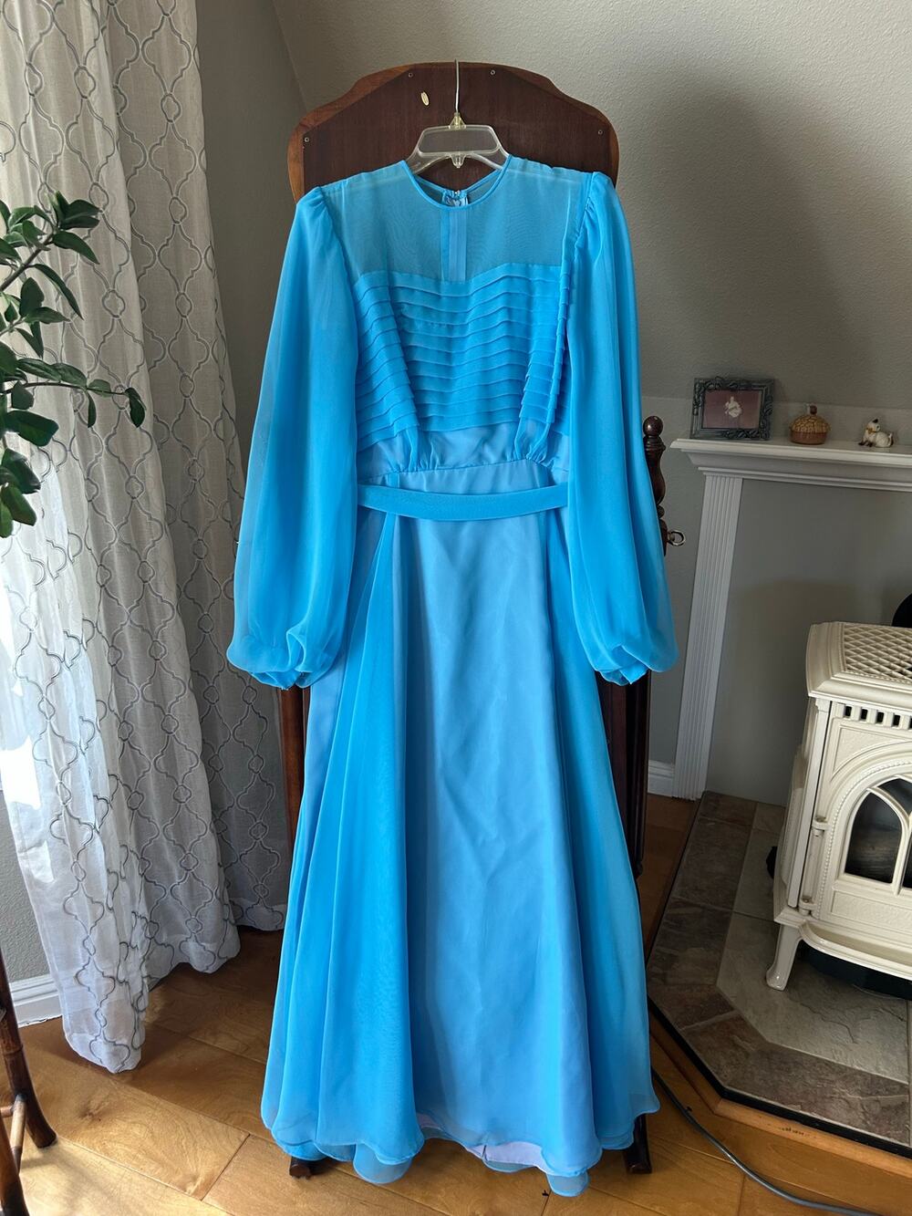 Vintage 70s Maxi Dress Gown Blue Chiffon size 14 Union made